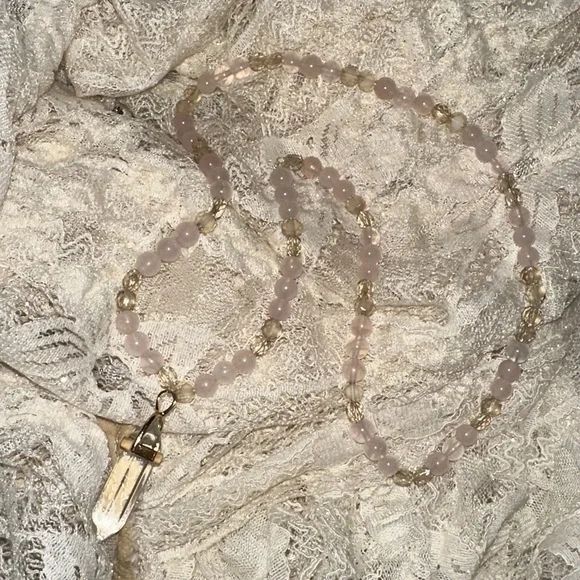 Rosé Champagne Necklace (Rose Quartz, Cream Crystal and Clear Quartz Pendant) - Picture 3 of 6